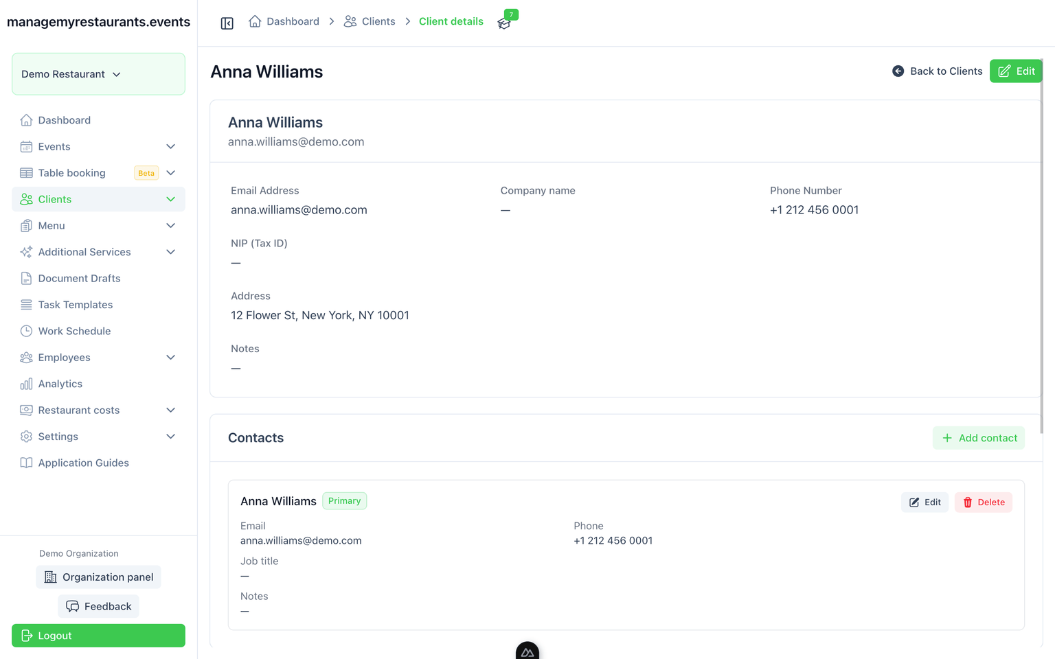 Client record with contact details