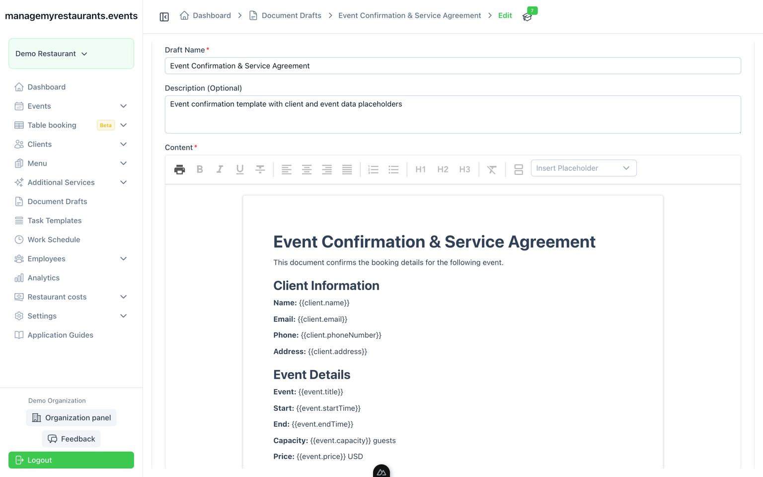 Document template editor with event and client placeholders