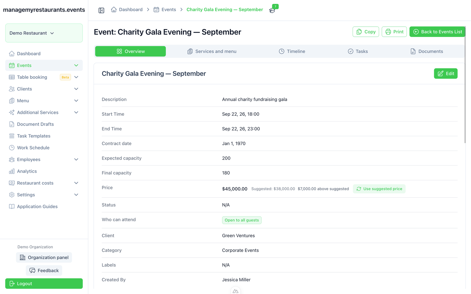 Event overview with tabs for services, menu, timeline, tasks, and documents