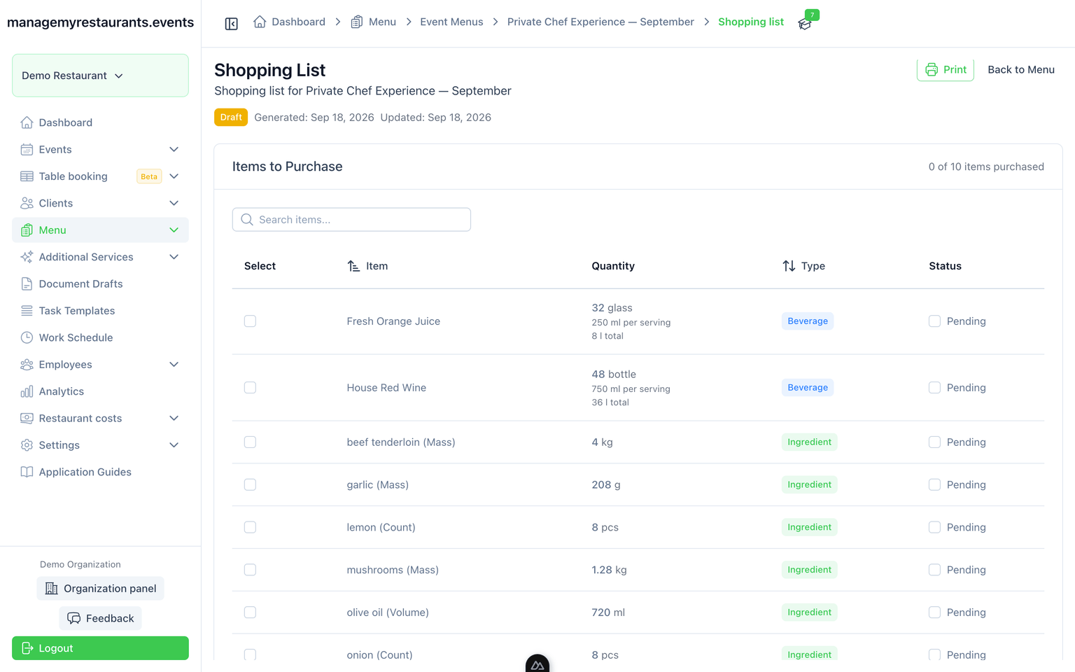 Shopping list generated from an event menu