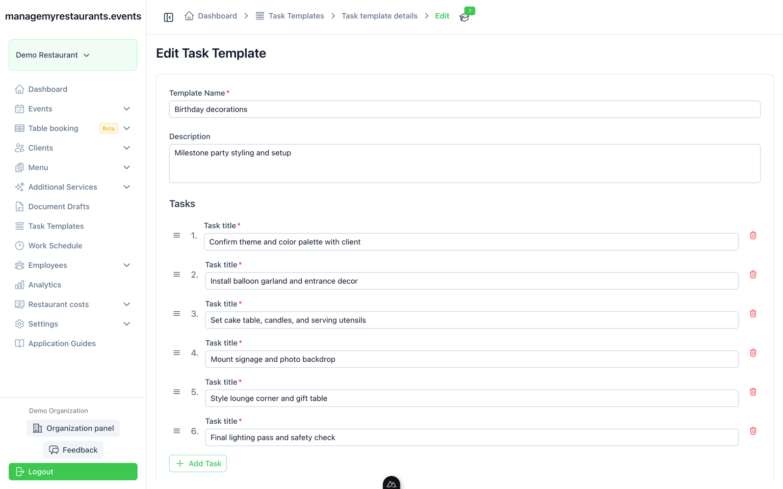 Reusable event task template